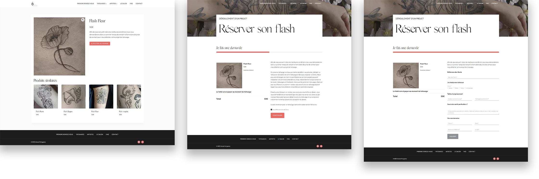 Captures d’écran du parcours de réservation de tatouages flash